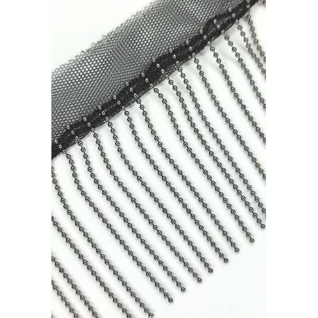 Бахрома металлическая из цепочки на черной тесьме 1,5мм 6см цв.темный никель